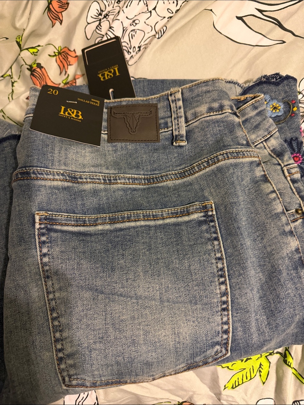 Blue Embroidered Flare Jeans with Floral Hem - Picture 4 of 4